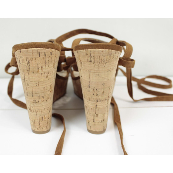 Guess Treacy Wedge Faux Suede Shoes Women 9 Platform Cork Heel Strappy Brown - Picture 4 of 12